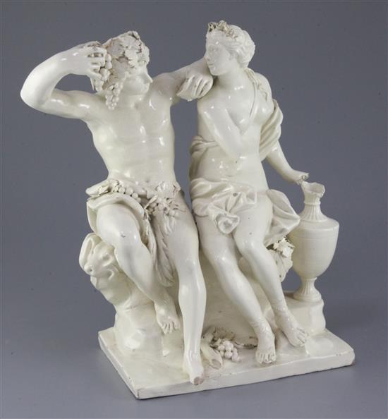 A large Italian faience group of Bacchus and Ariadne, c.1800, attributed to Ferniani, Faenza, 30.5cm, losses